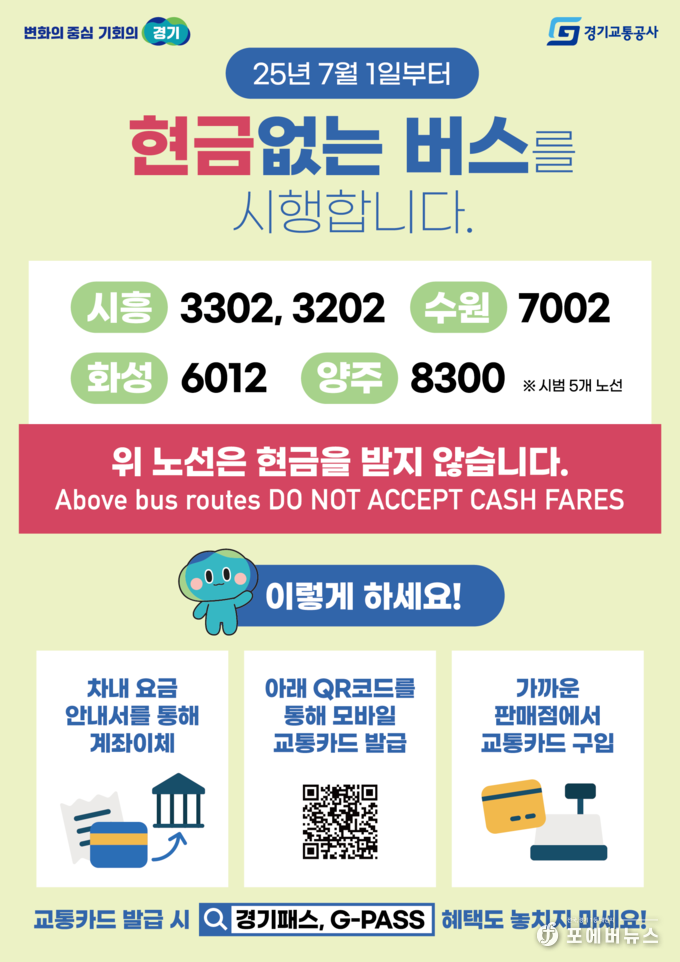 경기도, 7월 1일부터 수원, 시흥 등 5개 노선 '현금없는 버스' 시범 운영