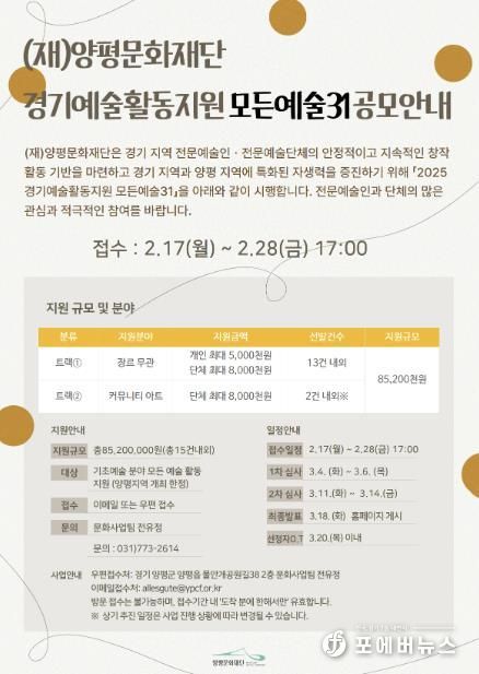 양평문화재단, 2025년 경기예술활동지원 ‘모든예술31’공모 시행