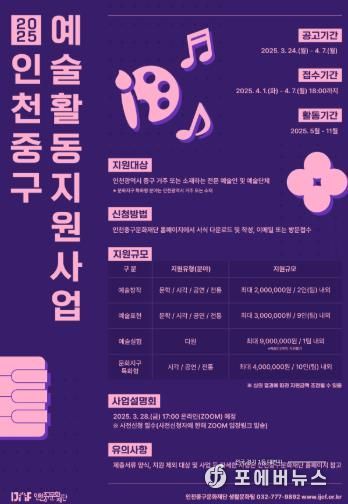 (재)인천중구문화재단, ‘2025 인천 중구 예술 활동 지원사업’ 추진