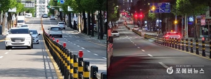 무단횡단 금지 울타리에 태양광 발광 경고등 설치 확대