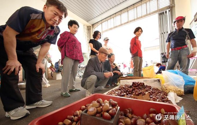 강진읍 시장에서 관광객들이 물건을 고르고 있다