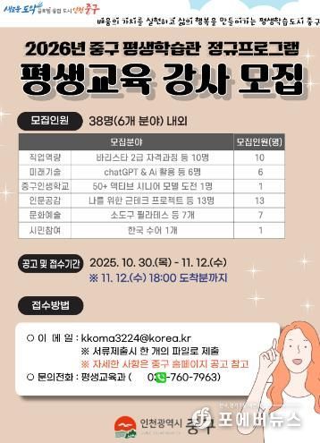 중구 평생학습관, 2026년 정규 프로그램 강사 공개 모집