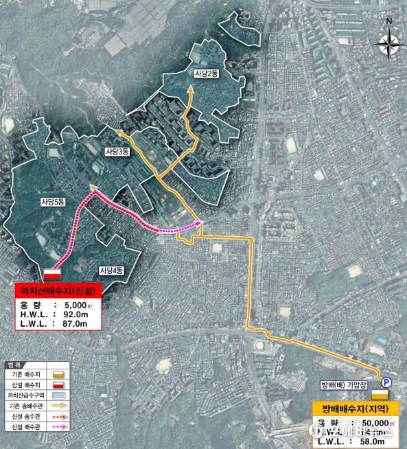 까치산배수지를 통해 수돗물을 공급받는 지역 위치도