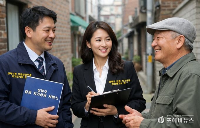 서울 성북구가 2026년도 개별공시지가 의견제출·이의신청 기간에 담당 공무원과 감정평가사가 구민이 원하는 시간과 장소로 직접 찾아가 맞춤 상담을 제공하는 ‘감동 지가상담 서비스’(감정평가사 동행 지가상담 서비스)를 운영한다. 사진은 AI로 제작한 감동 지가상담 서비스 현장 이미지
