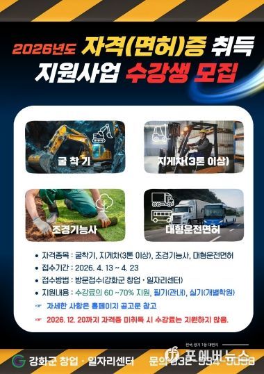 강화군 창업‧일자리센터, 굴착기․지게차 등 취득 비용 최대 70% 지원