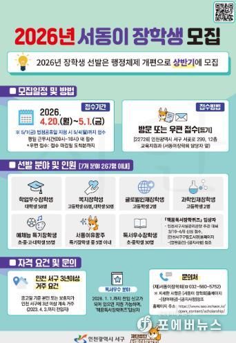 (재)서동이장학회, 2026년도 장학생 상반기 모집... 서구의 인재를 찾습니다!