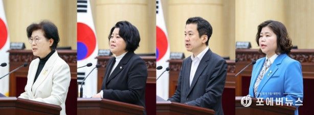 안산시의회가 8일 본회의장에서 제302회 임시회 제2차 본회의를 열고 시정질문과 5분 자유발언을 진행했다. 사진 왼쪽부터 이날 시정질문에 임한 박은경 의원과 5분 자유발언에 나선 김진숙 송바우나 박은정 의원의 모습.