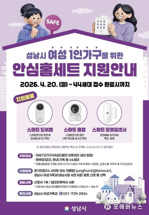 성남시, 여성 1인 가구 안심 홈세트 3종 지원 안내 포스터